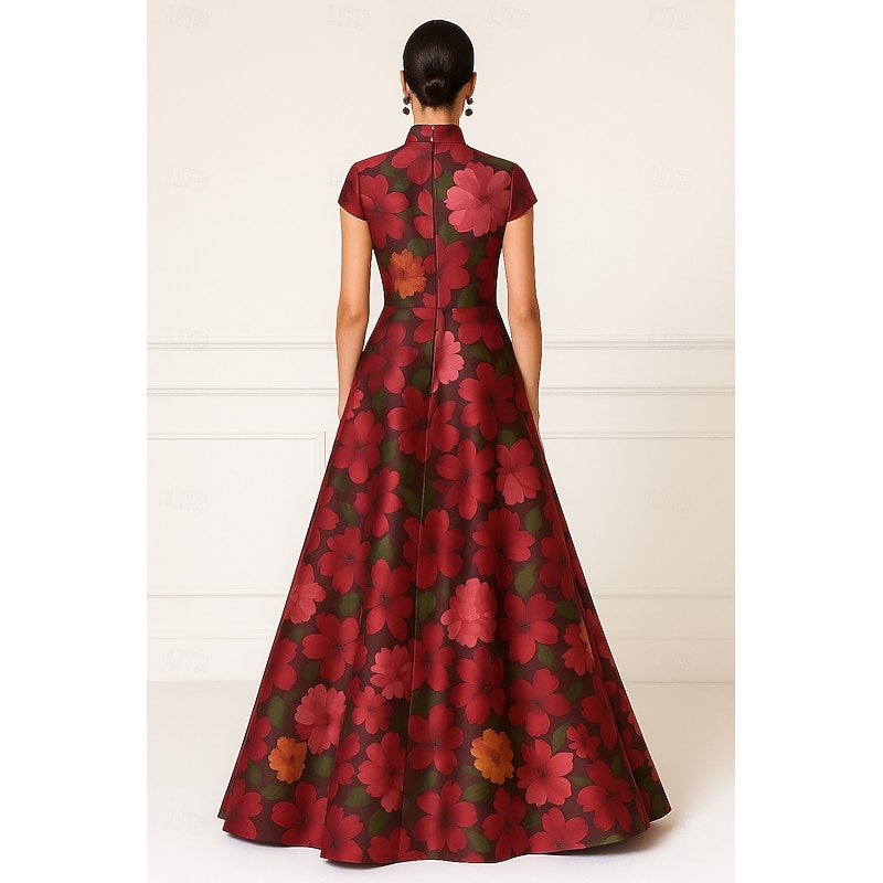 Red Burgundy A-Line Evening Gown Elegant Formal Dress Formal Wedding Floor Length Short Sleeve Scalloped Neckline Pocket Satin with Floral Print 20252