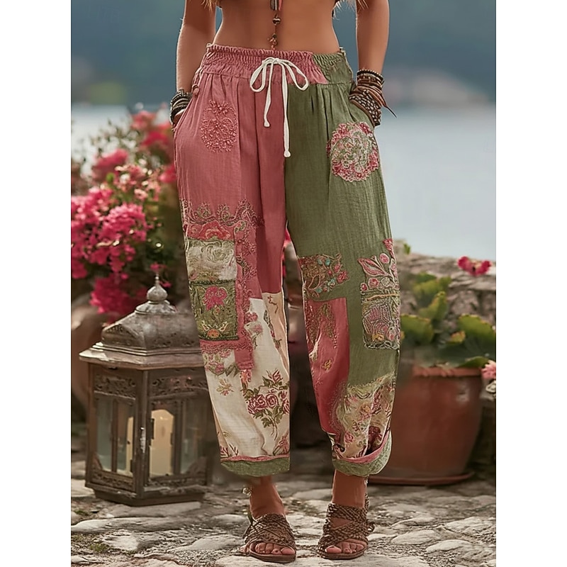 Women's Wide Leg Pants Trousers Vacation Vintage Ethnic Style Full Length Mid Waist Floral Drawstring Pocket Elastic Waist Comfy Breathability Micro-elastic Vacation Street Dailywear Yellow Pink Blue