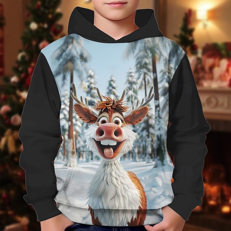 Christmas Boys' 3D Graphic Elk Hoodie Long Sleeve Spring Fall Fashion Streetwear Kids 4-12 Years Hooded Outdoor Casual Daily Regular Fit2