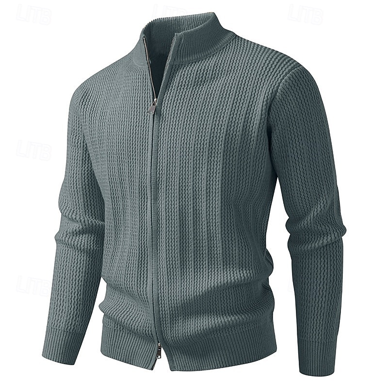 Men's Sweater Cardigan Sweater Ribbed Knit Regular Tops Knitted Solid Color Stand Collar Vacation Fashion Casual Daily Wear Clothing Apparel Spring &  Fall Black Green M L XL2