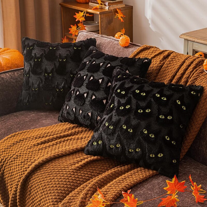 Halloween Black Cat Throw Pillow Covers 18x18 Inch  Spooky Ghost Faux Fur Cushion Covers for Fall Decor, Soft Decorative Farmhouse Pillowcases for Sofa Bench Living Room