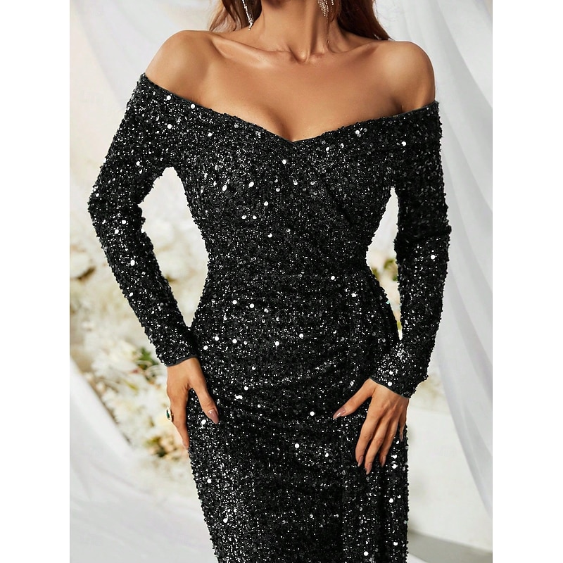 Sequin Mermaid / Trumpet Evening Gown Elegant Dress Formal Wedding Sweep / Brush Train Long Sleeve Off Shoulder Lace with Pleats Ruched 20252