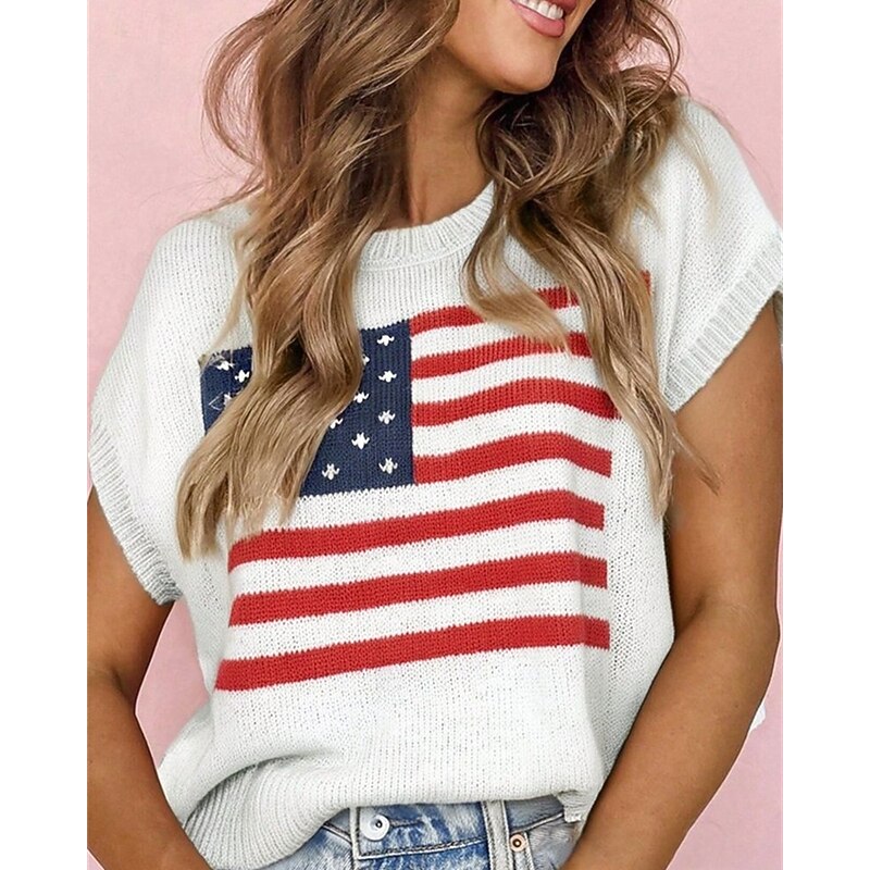 Women's Sweater Pullover Fashion Casual Graphic Ribbed Crew Neck Knitted Short Sleeves Regular Tops Knit Outdoor Daily Weekend White Summer Spring - Main Image