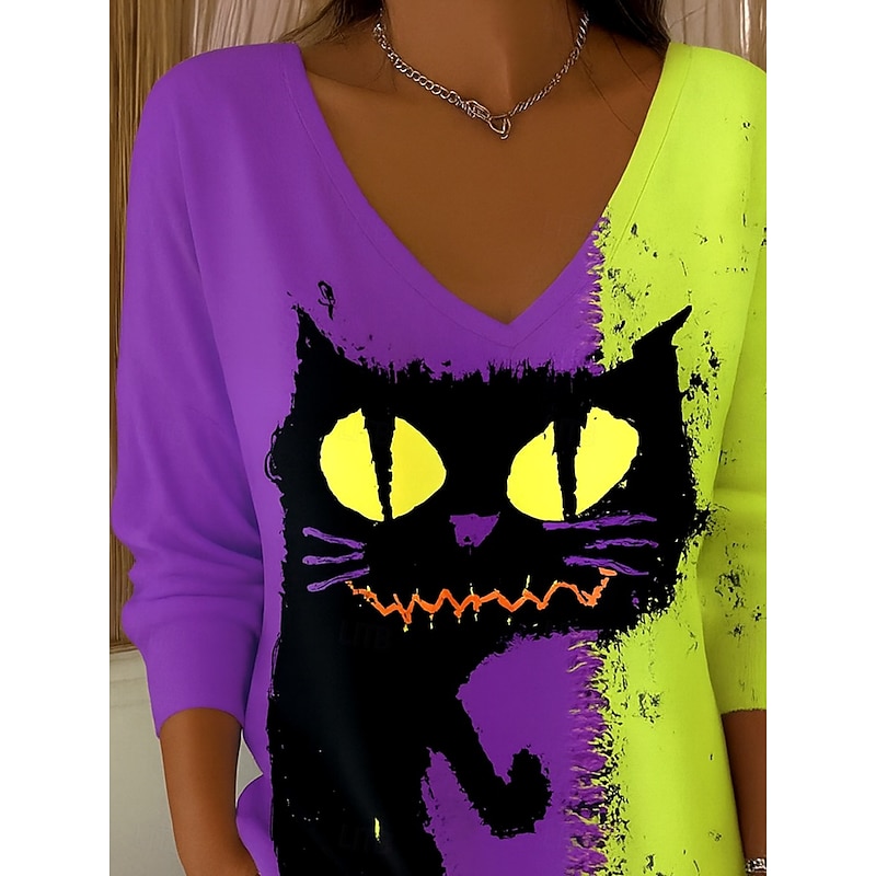 Halloween Women's Blouse Black Cat Print Skull Cat Stylish Casual Funny Long Sleeve V Neck Regular Tops Daily Weekend Print Purple Fall Winter2