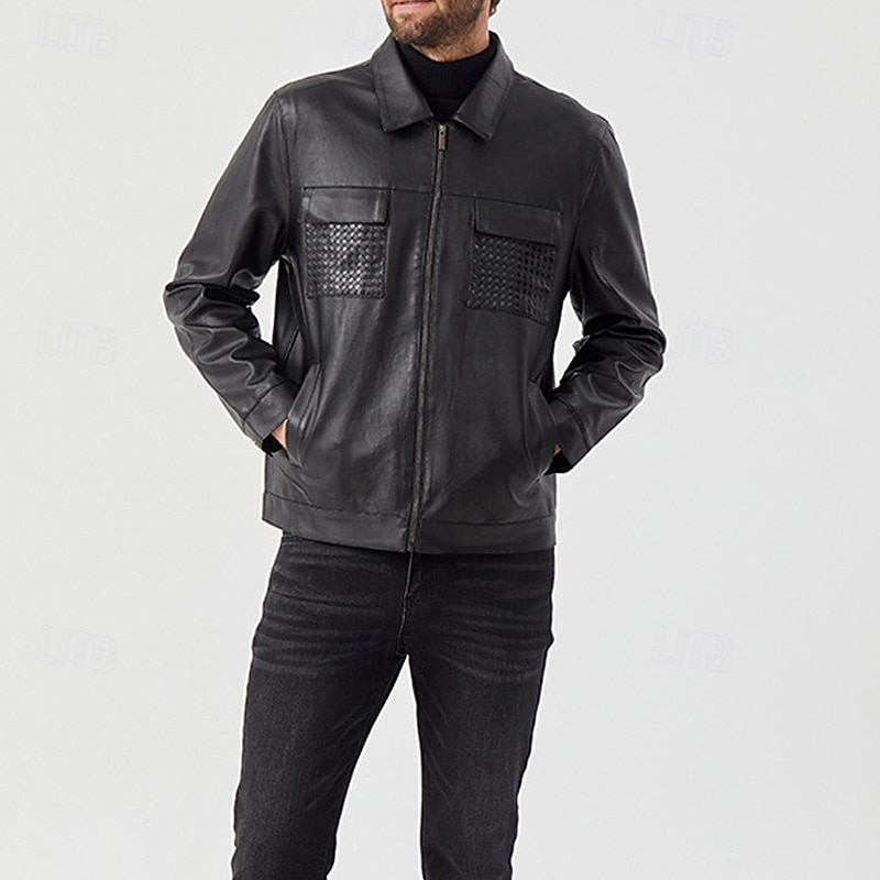 Men's Faux Leather Jacket Biker Jacket Motorcycle Jacket Vacation Daily Windproof Pocket Spring Fall Plain Fashion Classic Lapel Regular Black Jacket2
