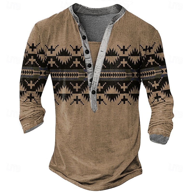 Men's Print Ethnic T Shirt Henley Shirt Long Sleeve Designer Retro Vintage Casual Street Casual Daily Summer Spring Fall Green Light Gray Blue Brown Henley Henley T-Shirt4