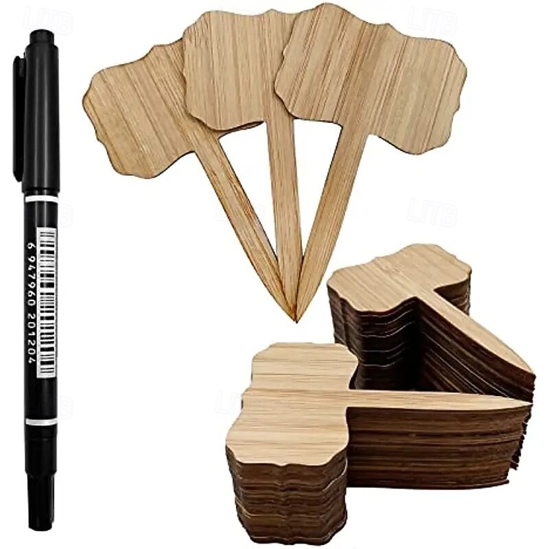 50pcs Bamboo Plant Labels with Marker Pen - Recycled Wood Garden Markers Light Brown Weather-Resistant Plant Tags for Flowers Succulents Herbs Indoor & Outdoor