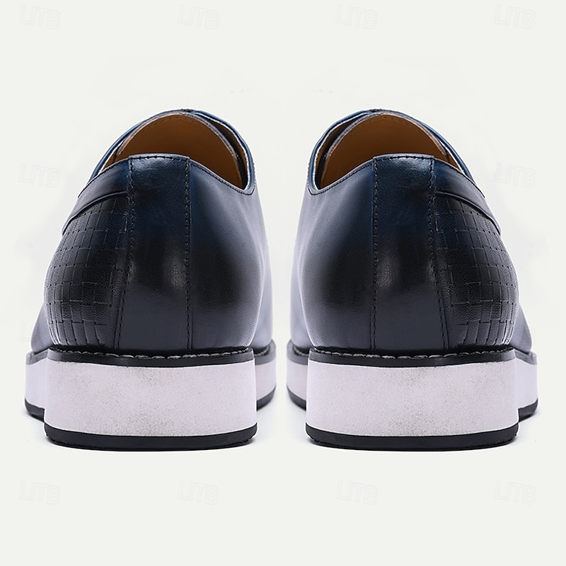 Men's Blue Lace-Up Dress Shoes – Genuine Leather Business Oxfords with Textured Detailing, Elegant Footwear for Office, Parties and Special Occasions4