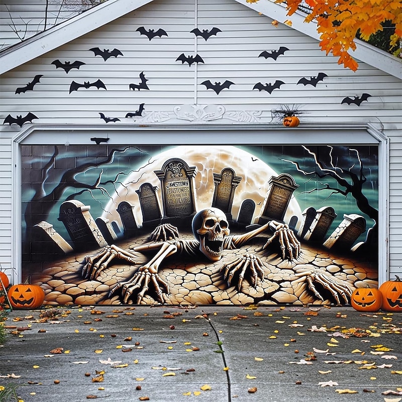 Halloween Garage Door Cover Large Hanging Backdrop Skeleton Pumpkin Cemetery Dark Punk Gothic Style Party Outdoor Shooting Backgrounds Yard Haunted House Home Decor3