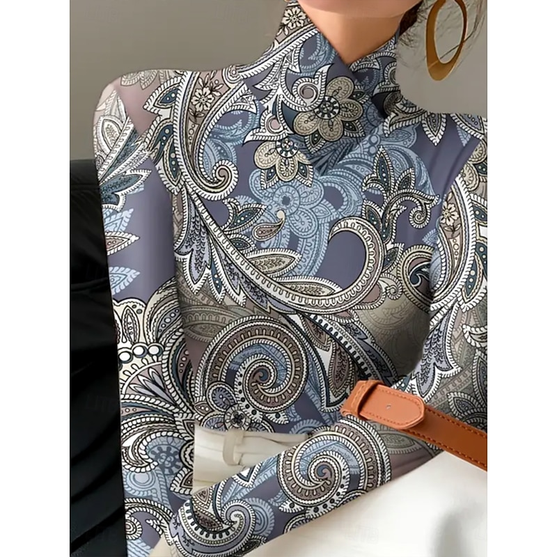 Women's T Shirt Graphic Paisley Elegant Vintage Fashion Long Sleeve High Neck Asymmetric Neck Regular Tops Daily Print Dusty Blue Spring Fall Winter2