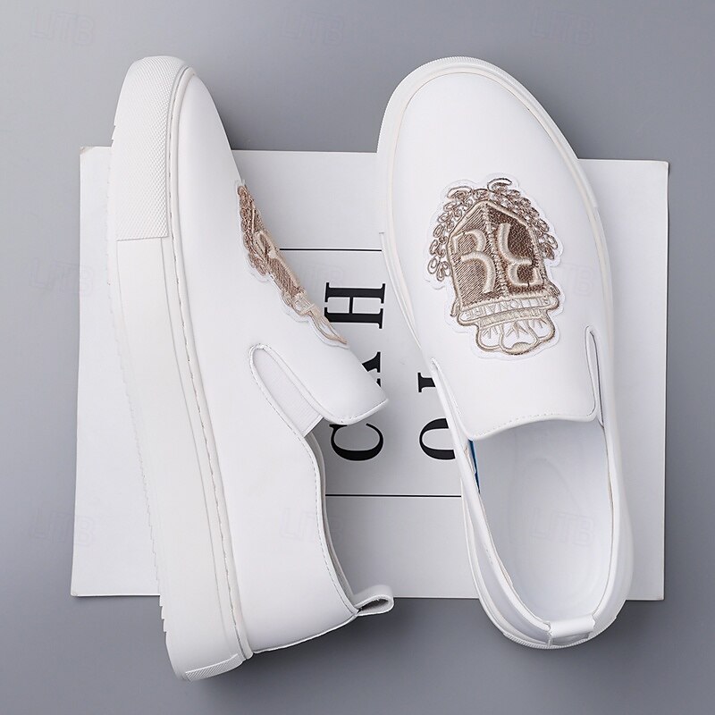 Men's White Casual Slip-On Sneakers – Embroidered Fashion Street Style Comfortable Walking Shoes for Daily Wear, Travel and Weekend Outfits2