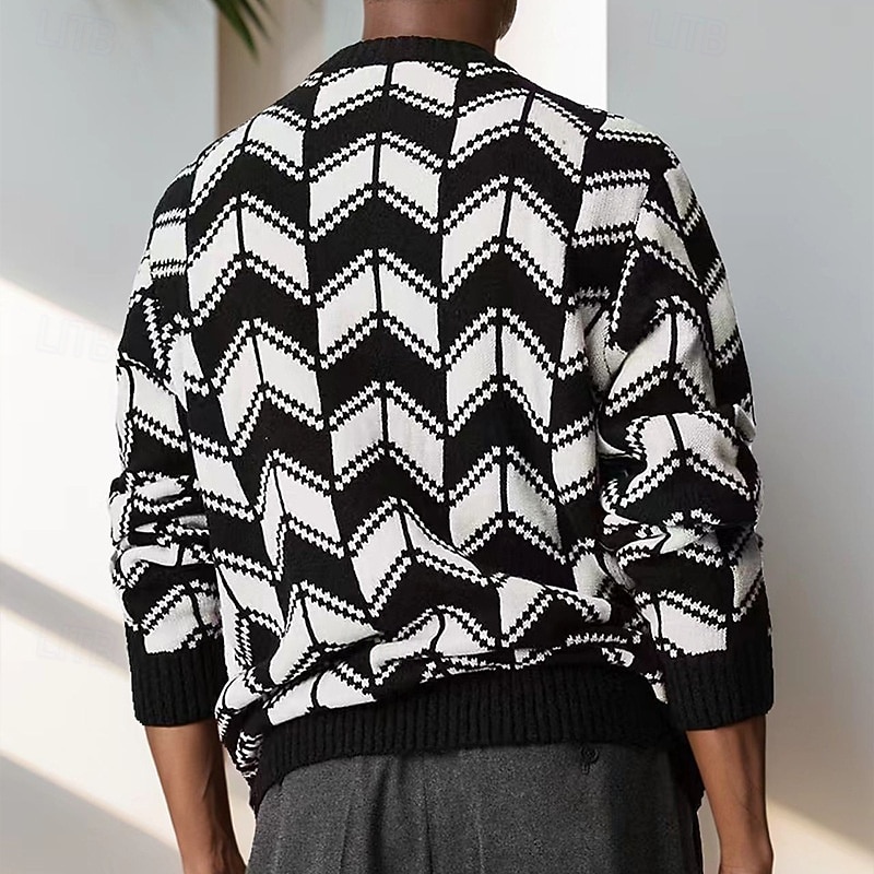Men's Geometic Pullover Sweater Jumper Knitwear Crewneck Casual Vacation Daily 3D Print Keep Warm Long Sleeve Spring Fall Winter Black2