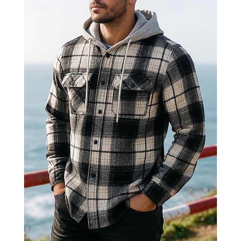 Men's Flannel Jacquard Jacket Hoodie  Shirt Jacket with Pockets Long Sleeve Top Athleisure Plaid Checkered Windproof Warm Hiking Travel Vacation Sportswear Activewear Black Red Khaki