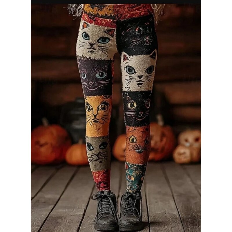 Women's Leggings Vacation Vintage Fashion Full Length High Waist Graphic Cat Abstract Printing Thermal Warm Soft Breathable Stretchy Formal Outdoor Vacation Black and White Black Dark Gray Purple