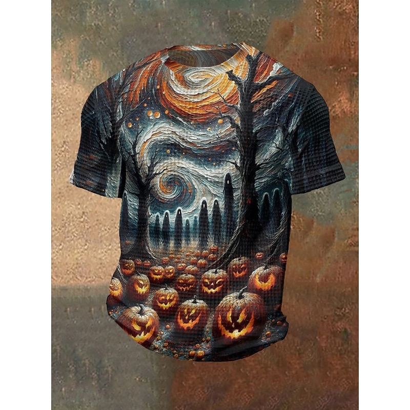 Men's Halloween Shirt Graphic Tee Waffle T Shirt Pumpkin Bat Crewneck Clothing Apparel 3D Print Outdoor Holiday Theme Party Halloween Party Short Sleeve Print Vintage Halloween