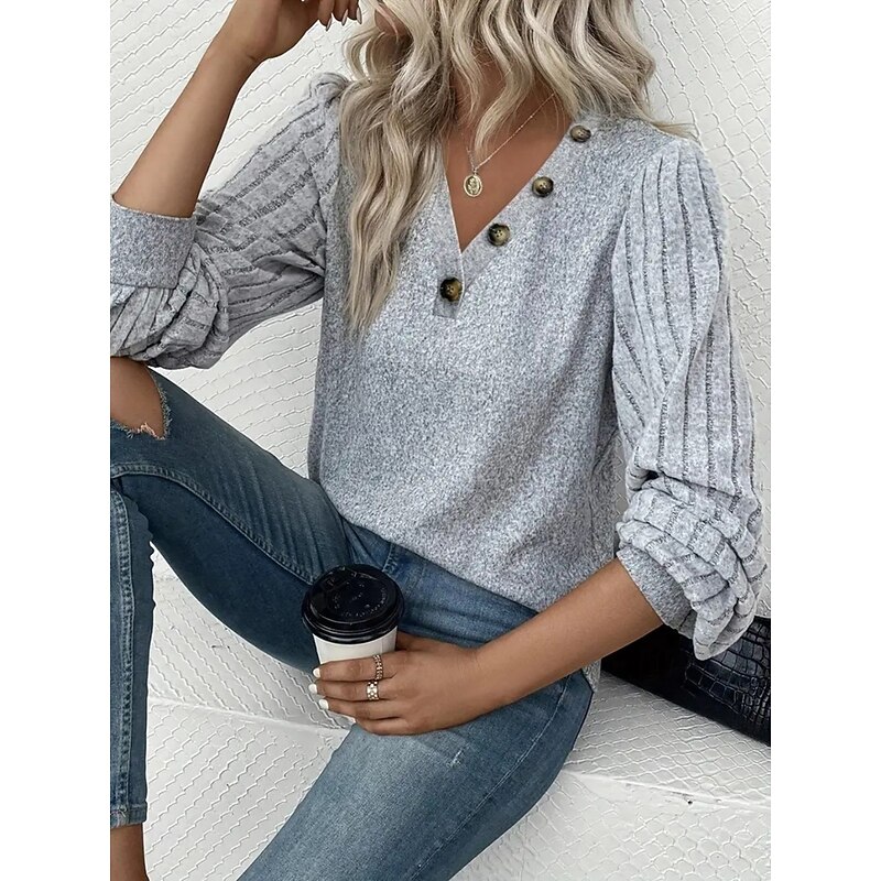 Women's Blouse Solid Color Stylish Casual Long Sleeve V Neck Regular Tops Daily Buttons Gray Spring Fall Winter3