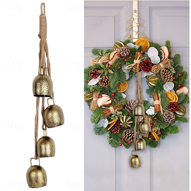 Vintage Cast Iron Christmas Bells Handcrafted Hanging Wind Chimes  Large Hanging Door & Window Decorations with Golden Finish, Rustic Holiday Ornaments for Christmas, Festive Home & Office Decor