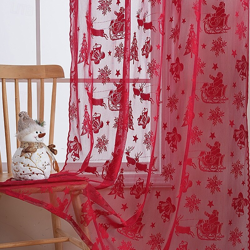 Red Christmas Decorative Curtains, American Style Holiday Window Drapes, Santa Claus Lace Sheer for Festive Home Decoration4