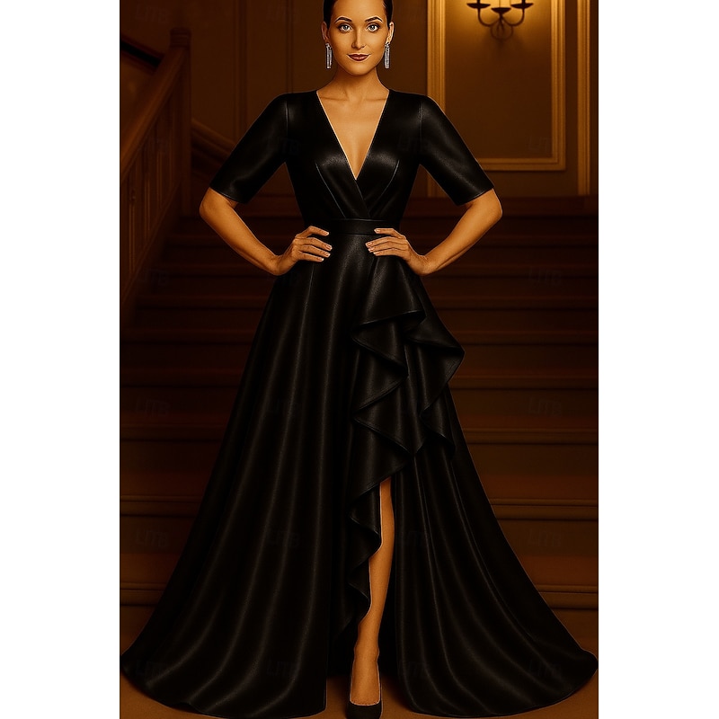 Red Black A-Line Evening Gown Elegant Formal Dress Formal Wedding Floor Length Half Sleeve V Neck Satin with Pleats Ruffles 20253