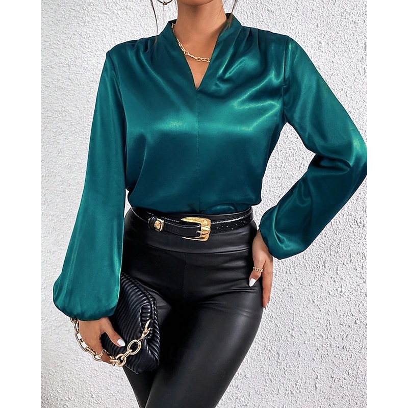 Women's Shirt Elegant Dressy Satin Solid Color Elegant Stylish Basic Long Sleeve V Neck Regular Tops Daily Going out Green Spring Fall2