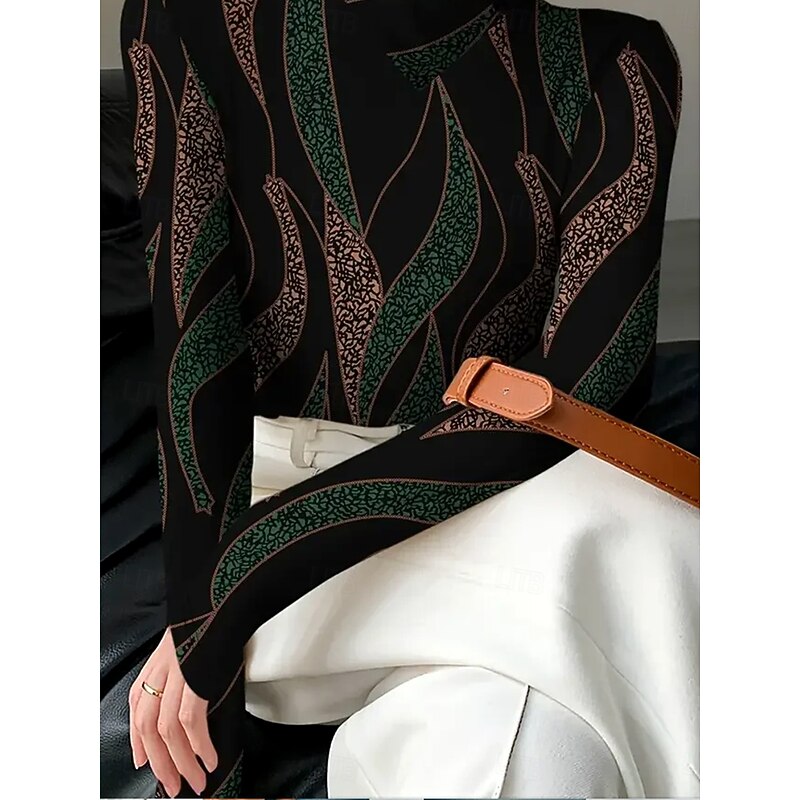 Women's T Shirt Graphic Abstract Geometry Elegant Vintage Stylish Long Sleeve High Neck Asymmetric Neck Regular Tops Daily Print Dark Green Spring Fall Winter3