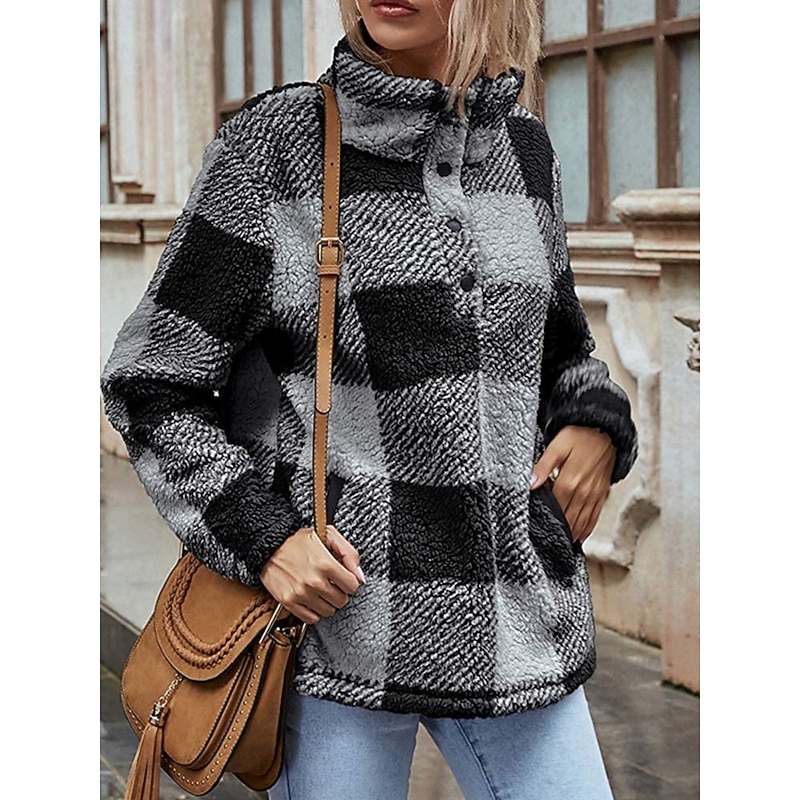 Women's Winter Coat Sherpa Jacket Comfortable Breathable Pocket Buttons Casual Plaid Vacation Street Casual Daily Wear Single Breasted Regular Lapel Regular Fit Long Sleeve Outerwear Black Red Green4