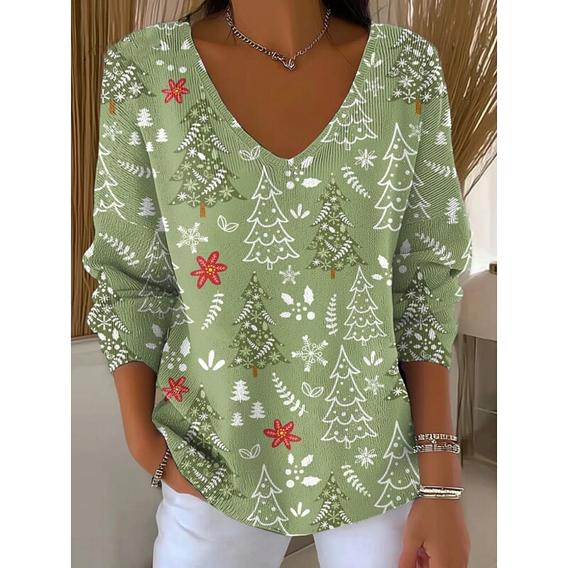 Women's Sweater Casual Soft Christmas Tree Ribbed V Neck Knitted Print Long Sleeve Regular Tops Knit Outdoor Daily Weekend Black Light Green Fall Winter3