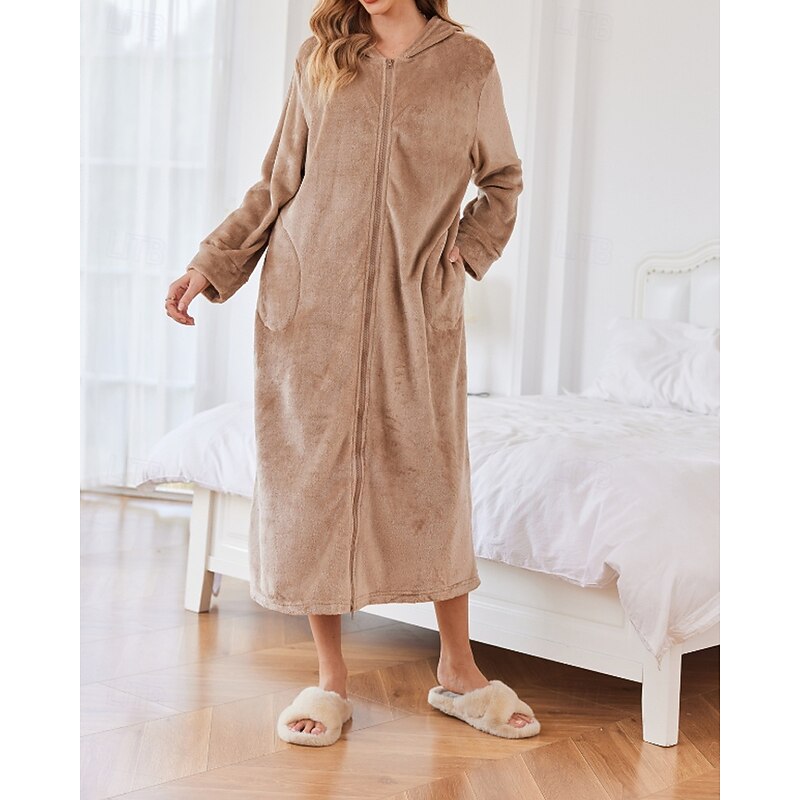 Women's Pajamas Robe Casual Pure Color Zipper Pocket Vacation Home Daily Long Sleeve Hoodie Black Navy Blue Camel Fall Winter Loose Fit