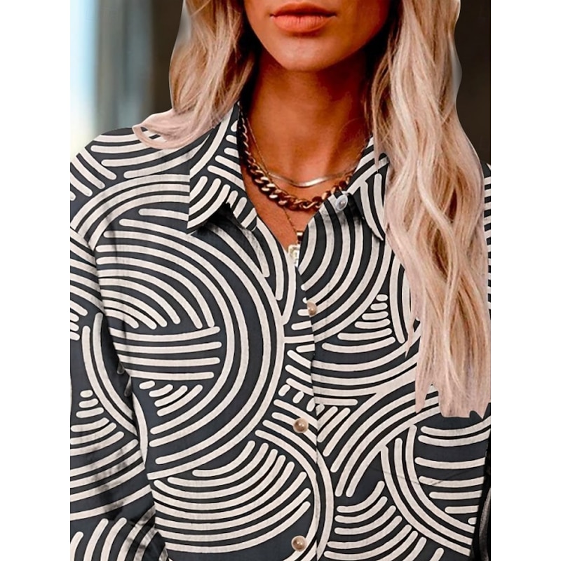 Women's Shirt Geometric Active Daily Stylish Long Sleeve Shirt Collar Regular Tops Daily Holiday Buttons Print Navy Blue Summer Spring Fall2