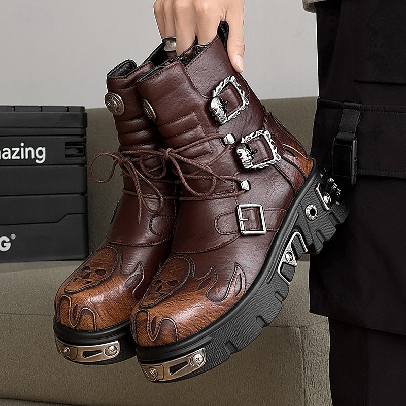 Men's Brown Gothic Flame Platform Boots Lace-Up Punk Biker Boots with Buckles and Metal Details for Halloween Parties, Horror Cosplay and Themed Festivals4