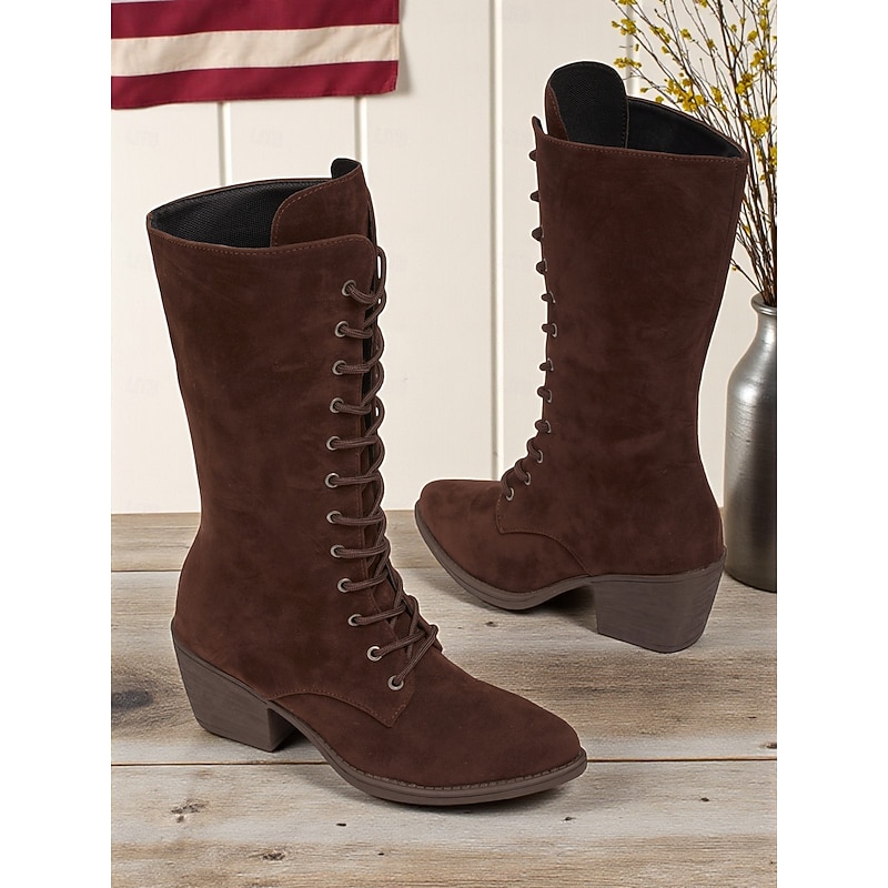 Women's Dark Brown Faux Suede Mid Calf Boots with Block Heel – Vintage Style Boots for Autumn & Winter and Daily Wear2