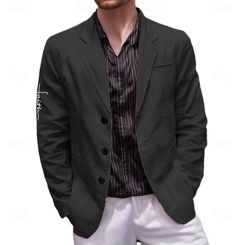Men's Letter Printed Faith Blazer Cotton Suit Jacket Suits Coat Casual Outdoor Dailywear Multiple Pockets Three Button Stripe Lined Suit Jacket Fall Winter Notch lapel collar Long Sleeve Black khaki2