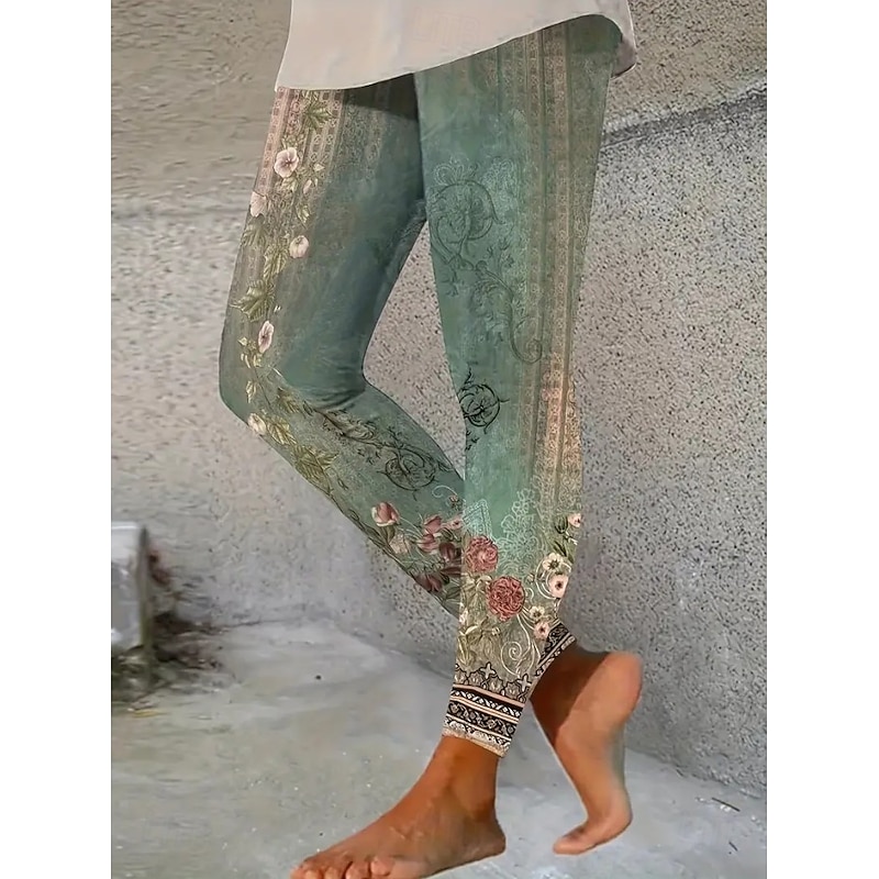 Women's Leggings Vacation Vintage Fashion Ankle-Length High Waist Floral Graphic Leaf Printing Thermal Warm Soft Breathable Stretchy Vacation Street White Green Spring Fall Winter Slim Fit2