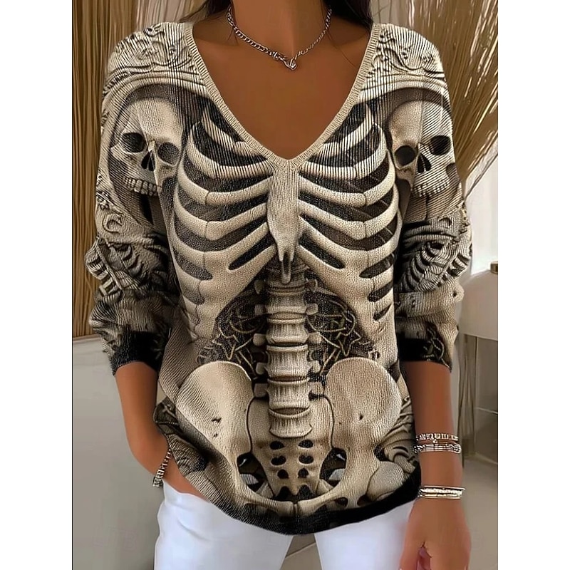 Halloween Women's Sweater Skeleton  Vintage Streetwear Cool Graphic Skeleton V Neck Print Long Sleeve Regular Tops KnitBlack Orange Fall Winter