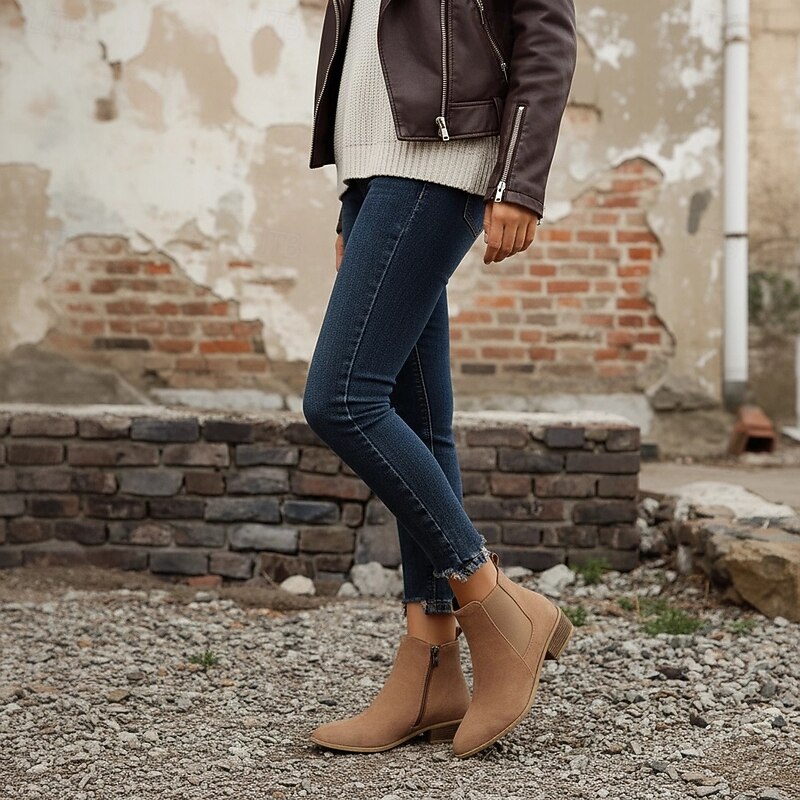 Women's Suede Chelsea Ankle Boots with Side Zipper, Low Block Heel Slip-On Short Boots for Casual Fall Outfits, Outdoor Walking and Daily Wear4