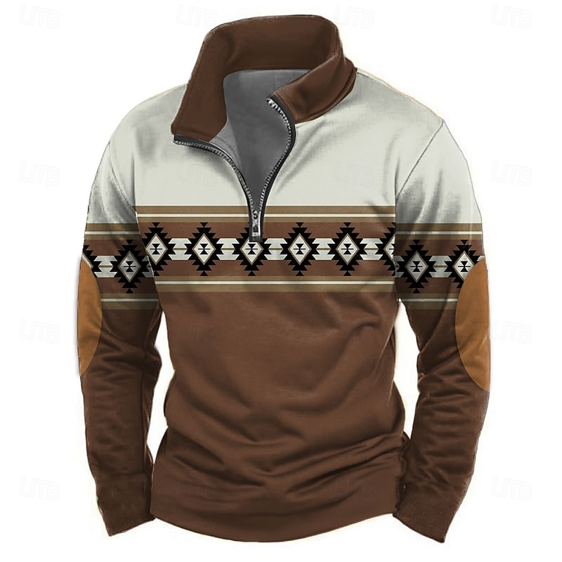 Men's Aztec Sweatshirt Ethnic Vintage Retro High Neck Outdoor Sports Outdoor Red Brown Zipper Quarter Zip Fall Winter Designer