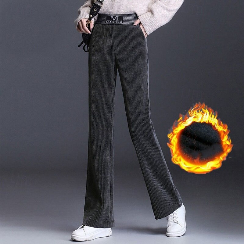 Women's Fleece Corduroy Pants Wide Leg Pants with Pockets Windproof Warm High Waist Gym Outdoor Running Bottoms Solid Color Black Coffee Grey Sports Activewear