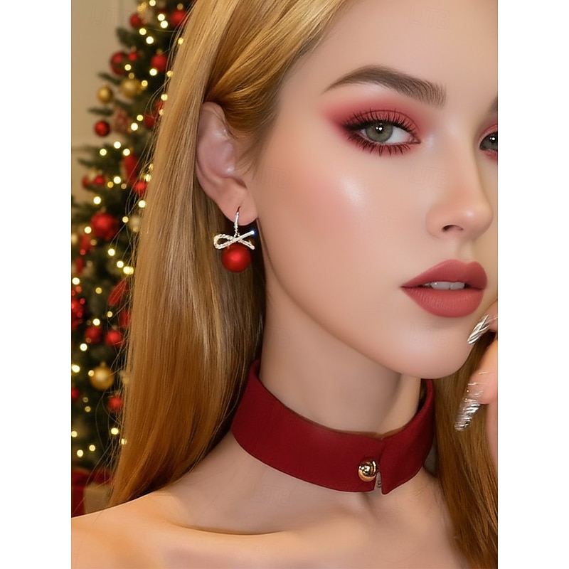 Women's Christmas Earrings with Rhinestone Bow and Pearl Drop, Festive Holiday Jewelry for Party, Wedding and Gift Giving3