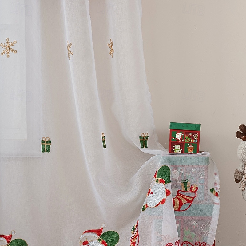 Christmas Sheer Curtains, American Style Holiday Embroidered Window Drapes, Bell and Snowflake Design, Ready-Made Home Decoration3