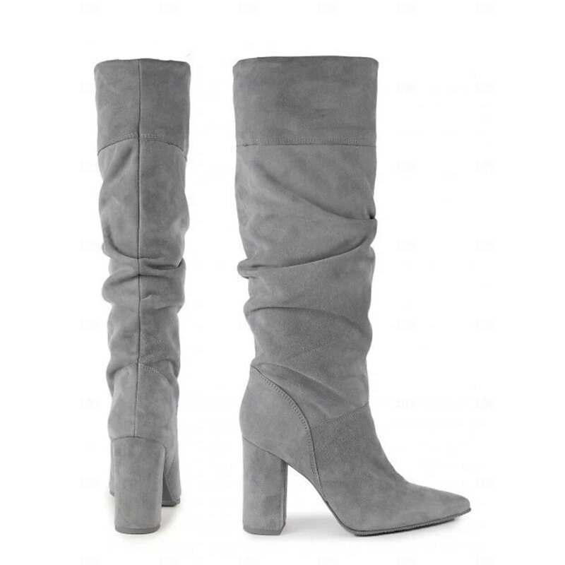 Women's Gray Suede Slouchy Knee-High Boots with Pointed Toe and Block Heels - Elegant Fall and Winter Footwear for Casual and Dressy Occasions2