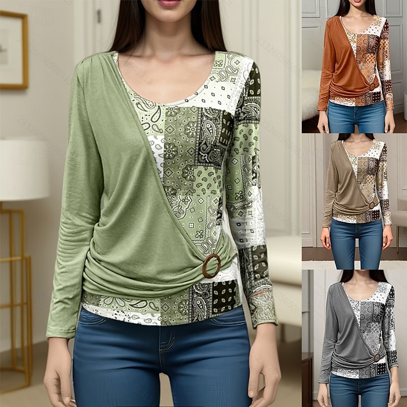Women's Blouse Paisley Stylish Casual Long Sleeve Crew Neck Regular Tops Daily Patchwork Print Orange Brown Green Gray Spring Fall Winter