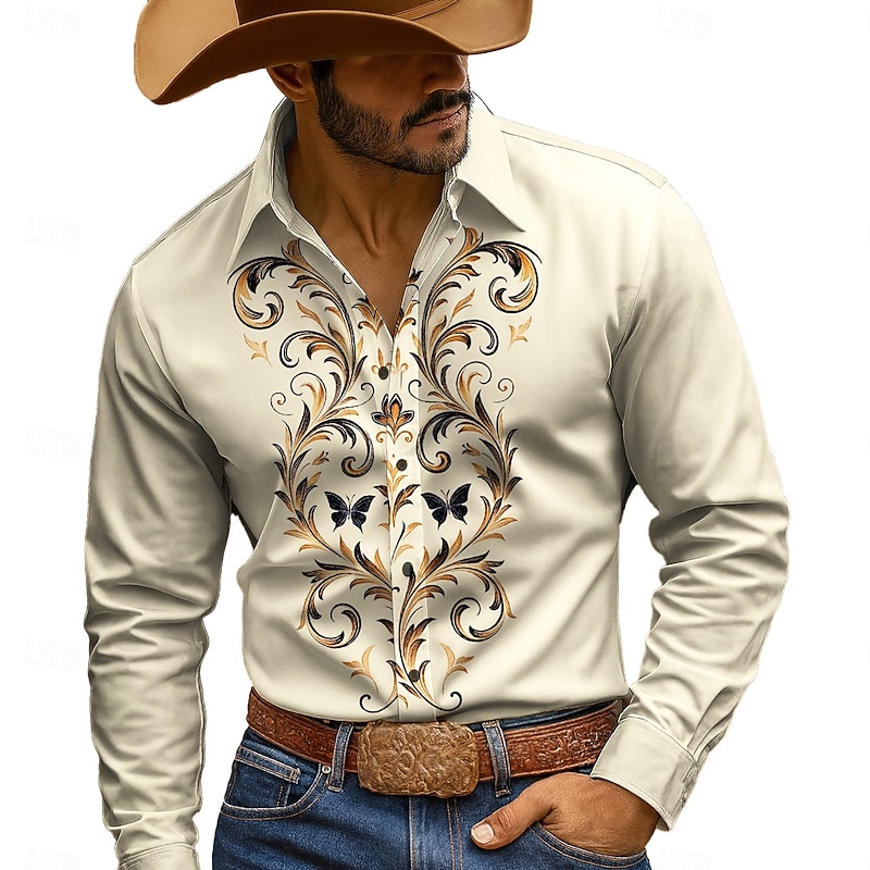 Men's Floral Print Flowers Shirt Button Up Shirt Cowboy Shirt Long Sleeve Western Style Outdoor Casual WorkWear Spring Fall Turndown 3D Print Collared Shirts Blue Beige2