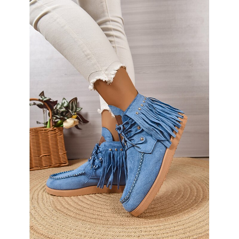 Women's Boots Snow Boots Daily Tassel Flat Heel Round Toe Casual Suede Zipper Black Blue3