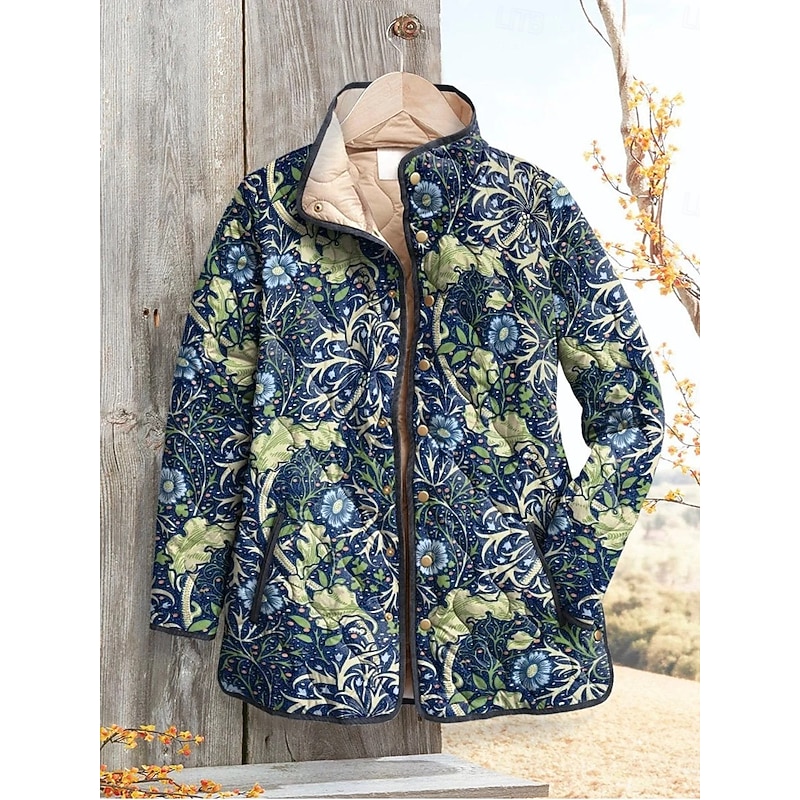 Women's Winter Jacket Puffer Jacket Warm Comfortable Pocket Buttons Print Fashion Daily Outdoor Floral Vacation Casual Daily Single Breasted Regular Stand Collar Regular Fit Long Sleeve Outerwear3