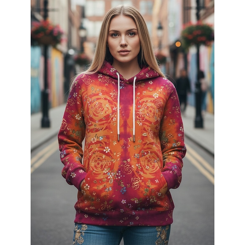 Women's Pullover Hoodies Rose Fashion Streetwear Casual Long Sleeve Hooded Regular Tops Dailywear Casual Sports Drawstring Pocket Print Red Fuchsia Spring Fall2