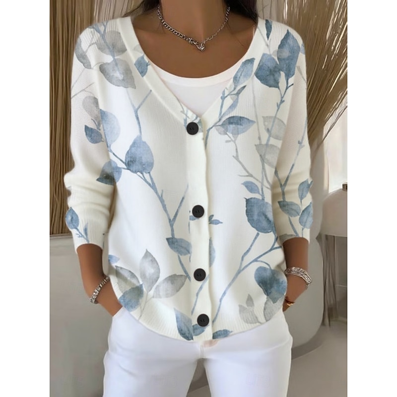 Women's Sweater Cardigan Elegant Fashion Streetwear Floral Striped V Neck Pocket Knitted Print Long Sleeve Regular Tops Knit Outdoor Daily Weekend White Pink Spring Fall