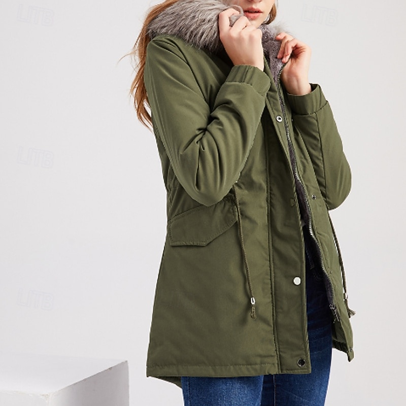 Women's Winter Coat Parka Warm Comfortable Zipper Pocket Fur Collar Casual Plain Outdoor Vacation Daily Wear Going out Long Hooded Regular Fit Long Sleeve Outerwear Navy Gray Pink Black Fall Winter