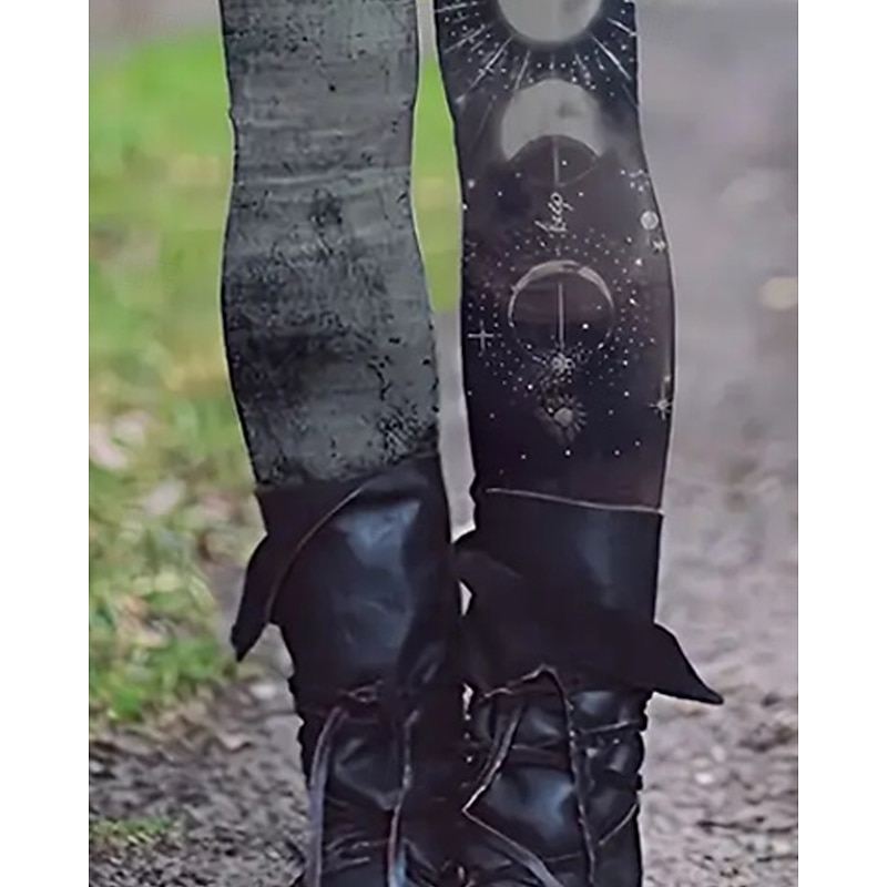 Women's Leggings Cozy Leggings Ethnic Style Basic Casual Full Length High Waist Moon Printing Thermal Warm Comfortable Stretchy Casual Daily Holiday Black Fall Winter Slim Fit3