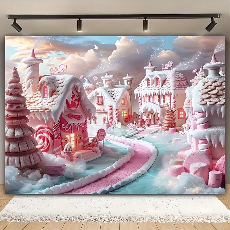 Chrismas Hanging Tapestry Pink Gingerbread House Santa Claus Fireplace Christmas Tree Pink Snowy Castle Holiday Backdrop Wall Art Large Tapestry Mural Decor Blanket3
