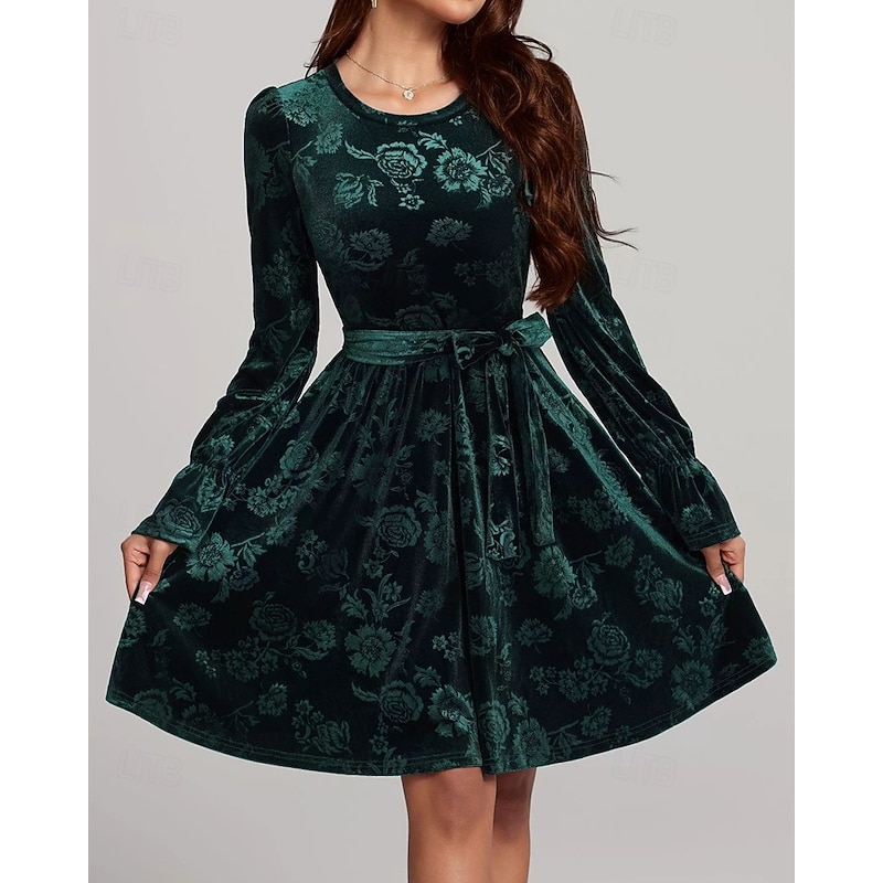 Women's Midi Dress Velvet Dress Cocktail Dress Elegant Fashion Modern Outdoor Party Party Evening Wear Regular Fit Floral Plain Long Sleeve Crew Neck Dark Green Spring Winter Autumn